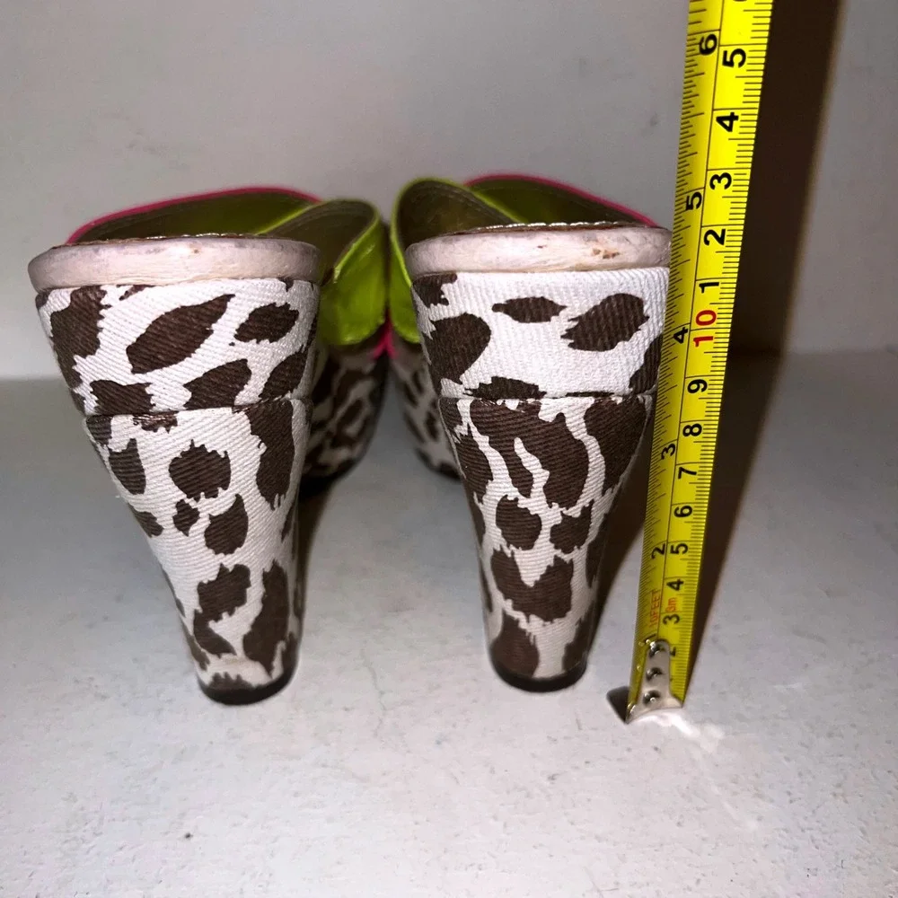 Beverly Feldman Vintage Y2K Maximalist Neon Animal Print Platform Sandals Mules